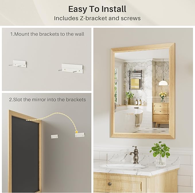 36x32 Inch Bathroom Mirror for Wall, Anti-Rust Oak Wood Grain Metal Framed - Image 5