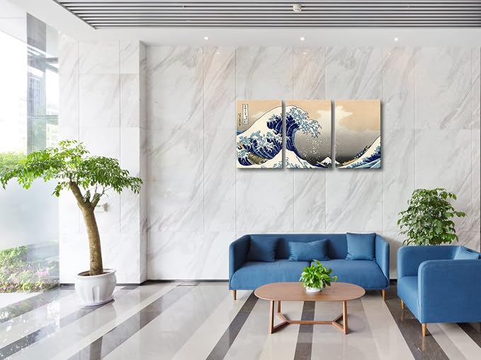 Wieco Art Great Wave of Kanagawa Katsushika Hokusai 3 Piece Modern Stretched - Image 3