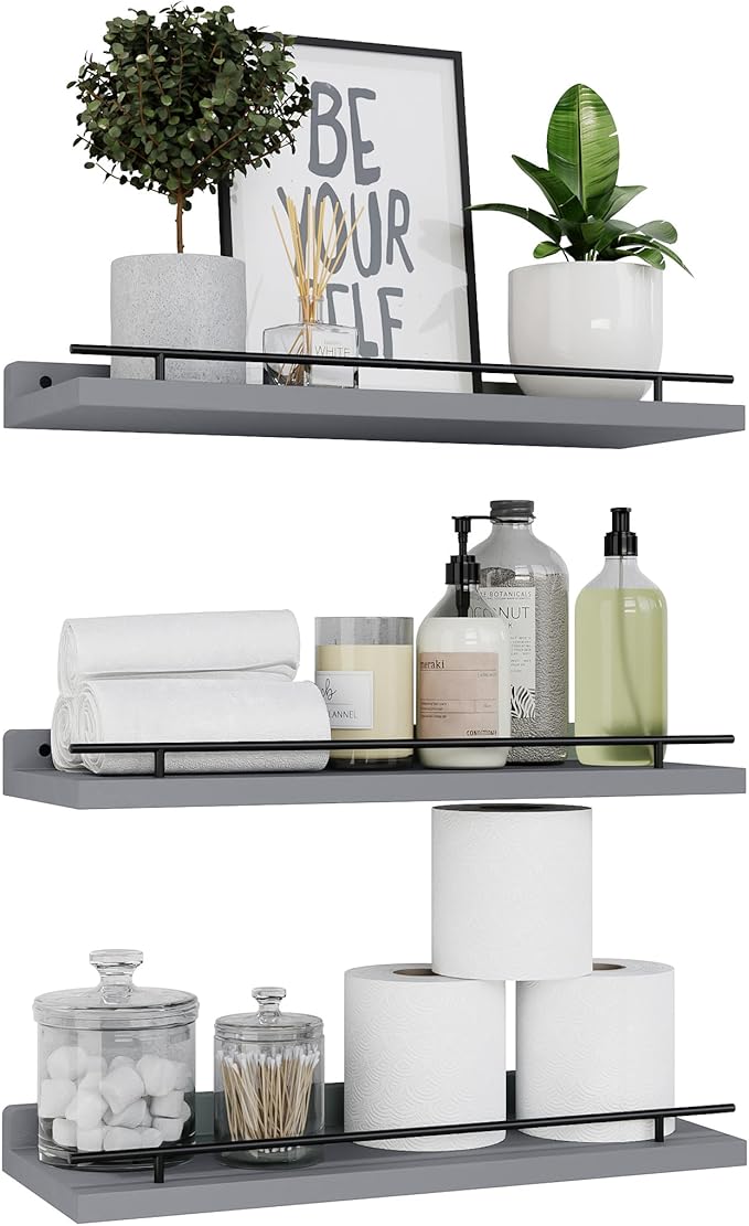 WOPITUES Floating Shelves with Black Metal Guardrail, Shelves by WOPITUESOfficial