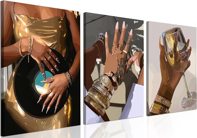 Black Girl wall Art Set of 3, African American Woman Wall Decor Fashion Gold by YFvrPtYourFavoritePainting