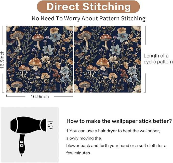 Froluya Mushroom Peel and Stick Wallpaper Dark Floral Contact Paper 16.9" x - Image 4