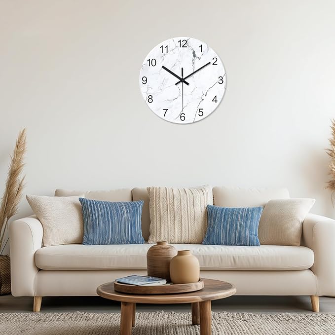 White Marble Glass Wall Clocks Battery Operated 20 Inch Large Abstract - Image 2