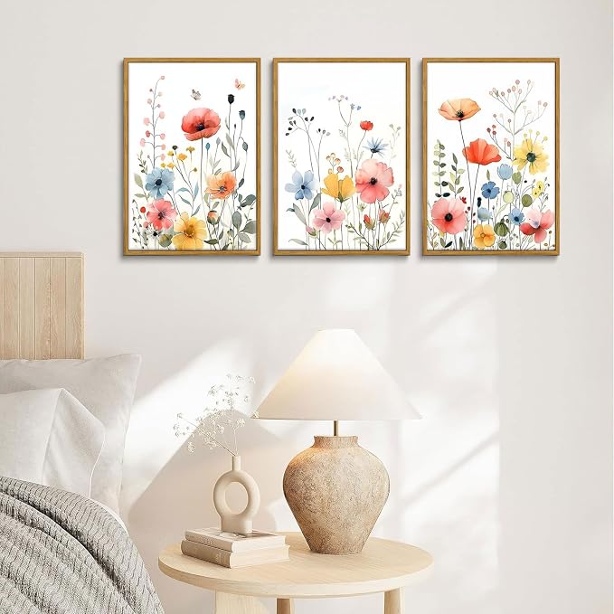 KISSFOX Colorful Wildflower Canvas Wall Art Set Of 3 Flowers Pictures Prints - Image 2