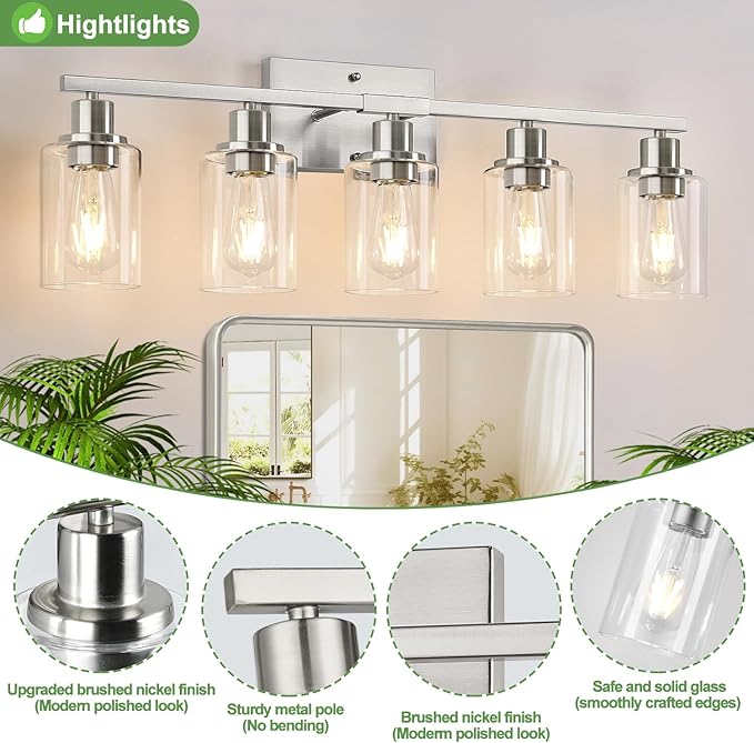 Indoi 5-Light Bathroom Light Fixtures, Brushed Nickel Bathroom Vanity Light - Image 3