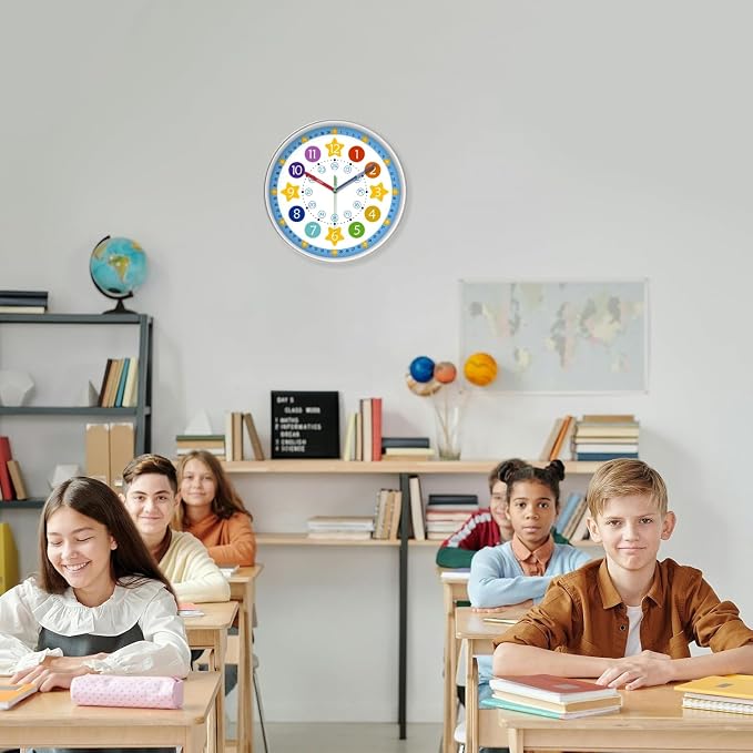 XFM Blue Kids Wall Clock for Boys Bedroom 10 Inch Silent Colorful Teaching Time - Image 3
