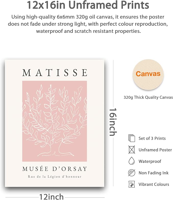 HesenDot Unframed Pink Wall Art Set of 3, 12x16in Matisse Canvas Prints - Image 2