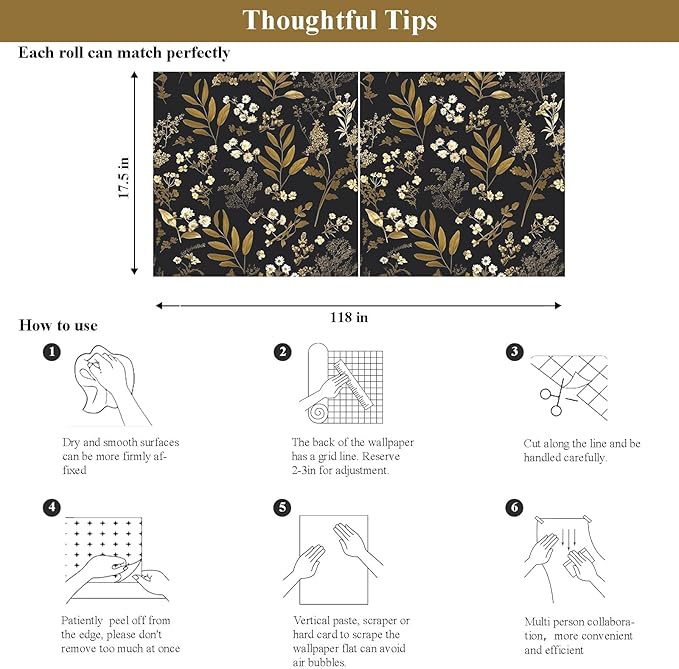 Laatse Black Gold Wallpaper Peel and Stick Dark Floral Wallpaper 17.5in x 118in - Image 8