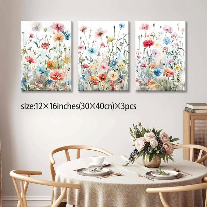 KISSFOX Framed Colorful Wildflower Canvas Wall Art Set Of 3 Flowers Pictures - Image 4