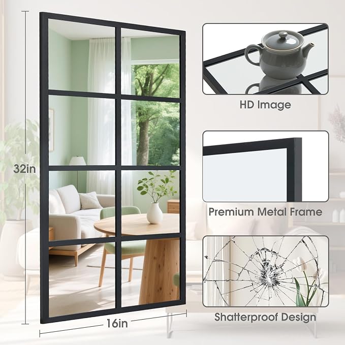 DUMOS Wall Mirror 16" x 32", Rectangle Window Pane Decorative Mirror, Metal - Image 2