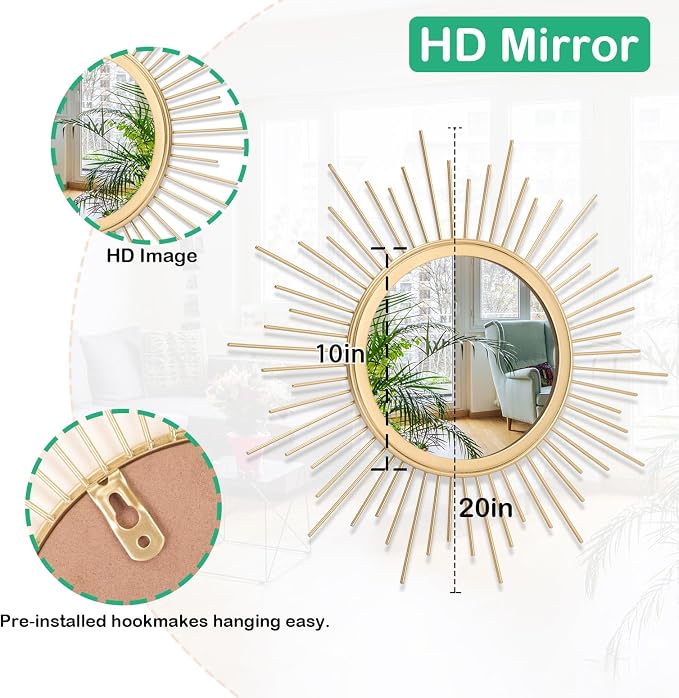 Large Gold Spoked Sunburst Wall Mirror Boho Home Decor Round Wall Art Mirror - Image 7