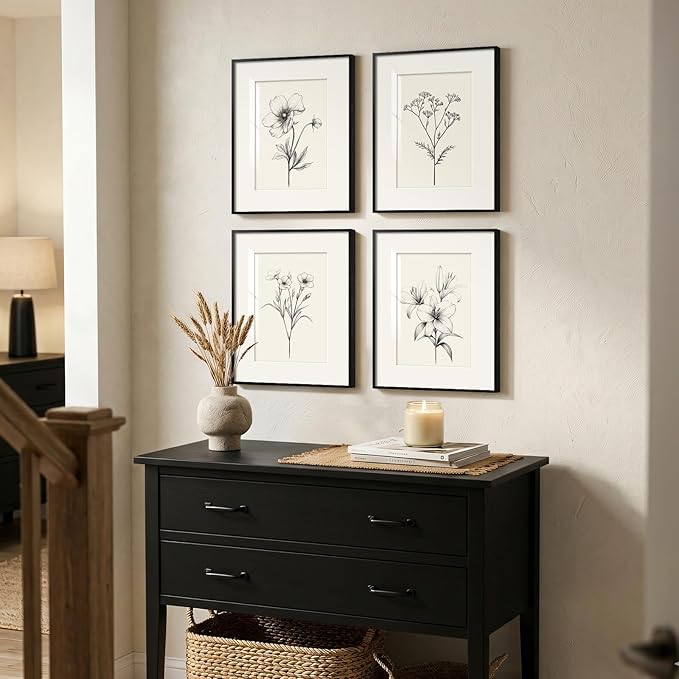Framed Black and White Floral Wall Art Set, Vintage Minimalist Botanical Prints - Image 3