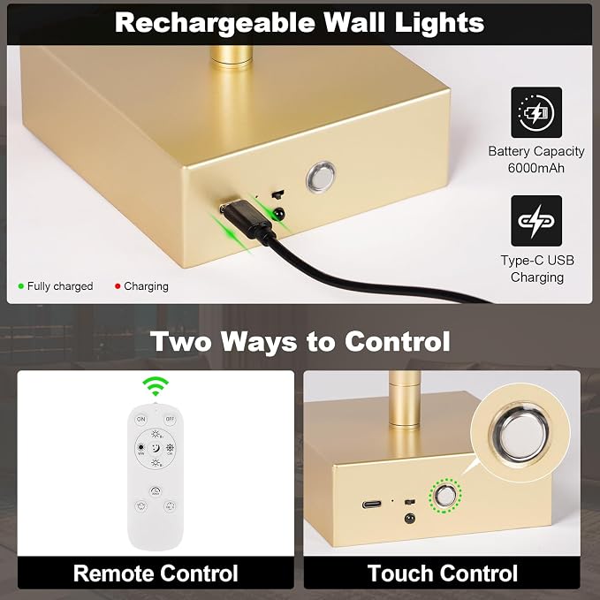 Battery Operated Wall Sconce, 3000K-6000K Dimmable Gold Wall Lights - Image 5