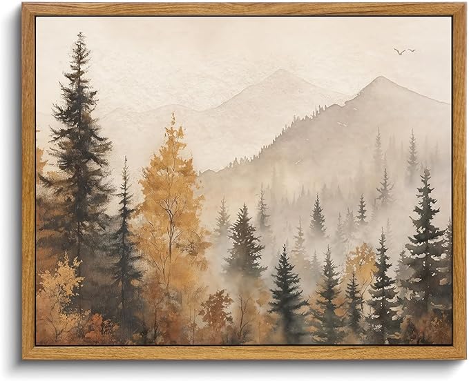 OIQArtOIQ Vintage Framed Wall Art Autumn Mountain Landscape Canvas Art Prints by OIQArtOIQ
