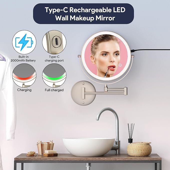 Rocollos 9" Wall Mounted Lighted Makeup Mirror, Large Double Sided 1X/10X - Image 2