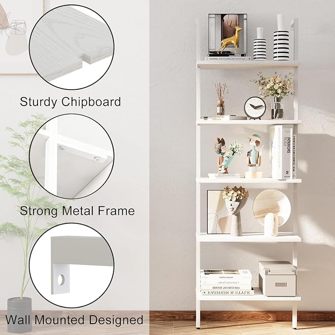 aboxoo Ladder Shelf White Wooden Bookshelf 5-Tier Wall-Mounted Open Wood Rack - Image 8
