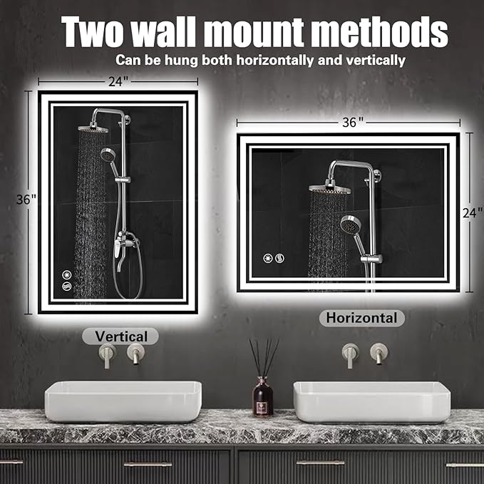 24“ x 36” LED Mirror for Bathroom Front and Backlit Anti-Fog Dimmable 3 Colors - Image 6
