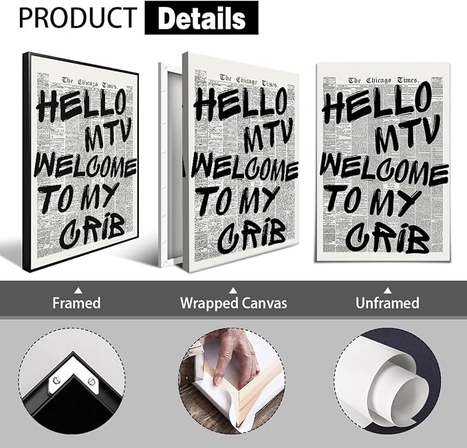 Enlaizhude Hello MTV Welcome To My Crib Quote Poster, Vintage Black White - Image 2