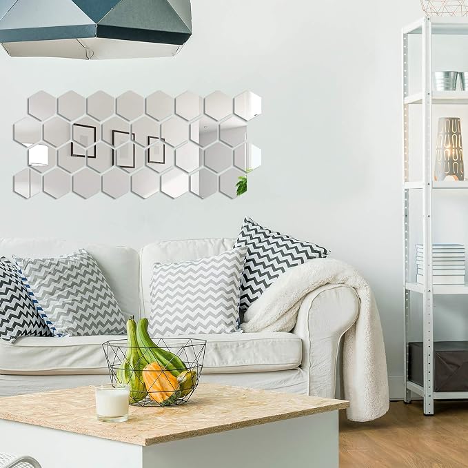 Shappy 32 Pcs Hexagon Mirror Wall Stickers Removable Silver Acrylic Mirror - Image 6