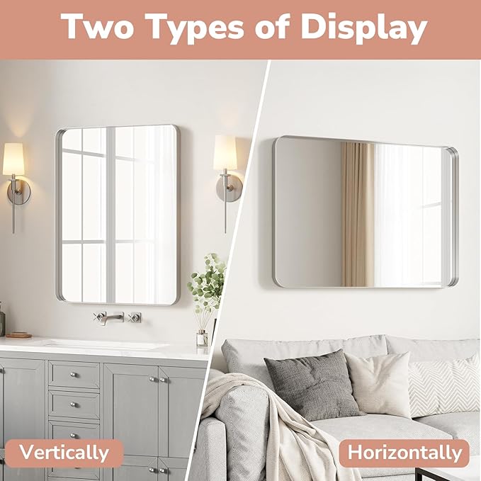 USHOWER Brushed Nickel Bathroom Mirror 22"x30", Rounded Corner, Aluminum Frame - Image 6