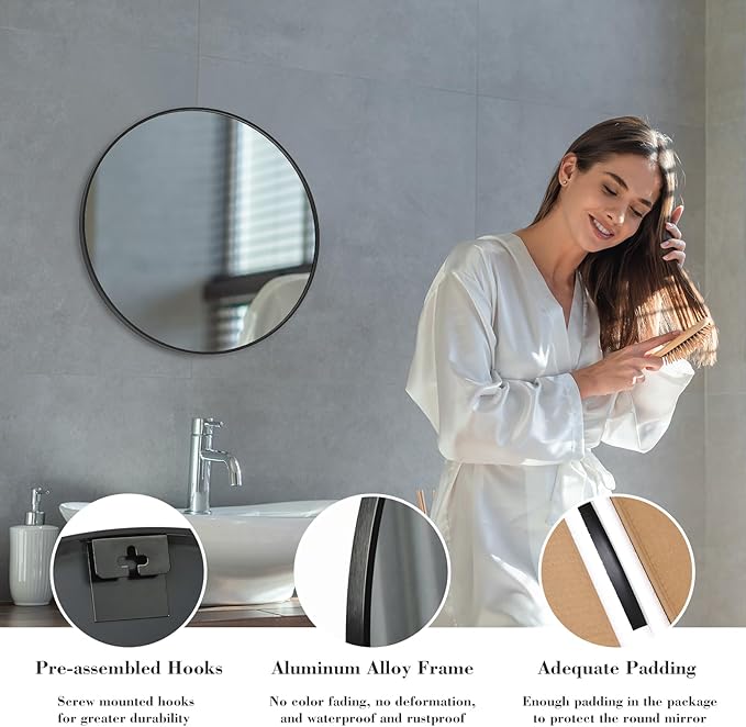 NEWBULIG Round Bathroom Mirror for Over Sink, 20 Inch Wall Mount Vanity Circle - Image 4