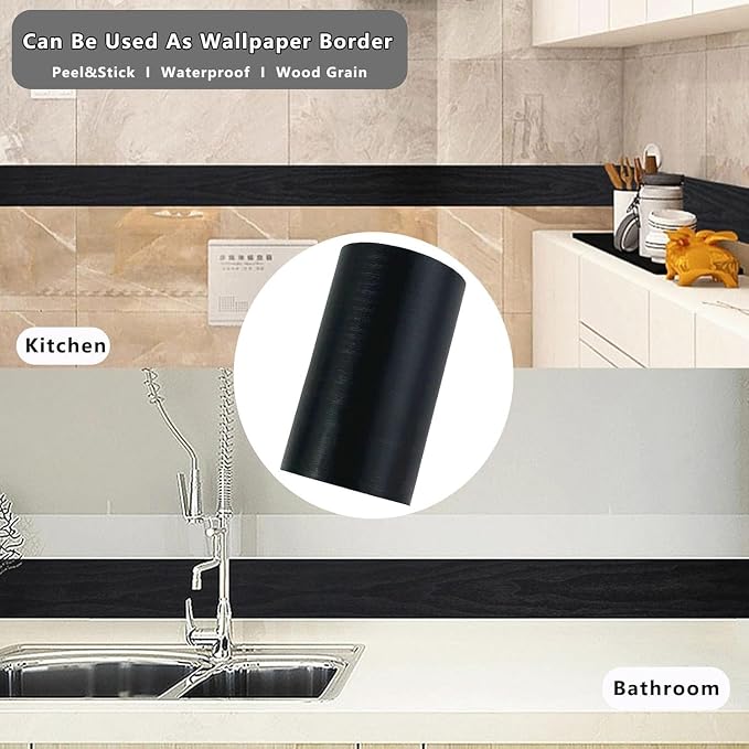 DESOMINOR 27FT Black Border Peel and Stick Black Wood Grain Wallpaper Border - Image 7