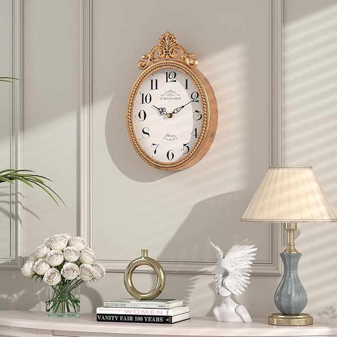 Abdurey Small French Retro Decorative Wall Clock, Antique Gold Vintage Oval - Image 5