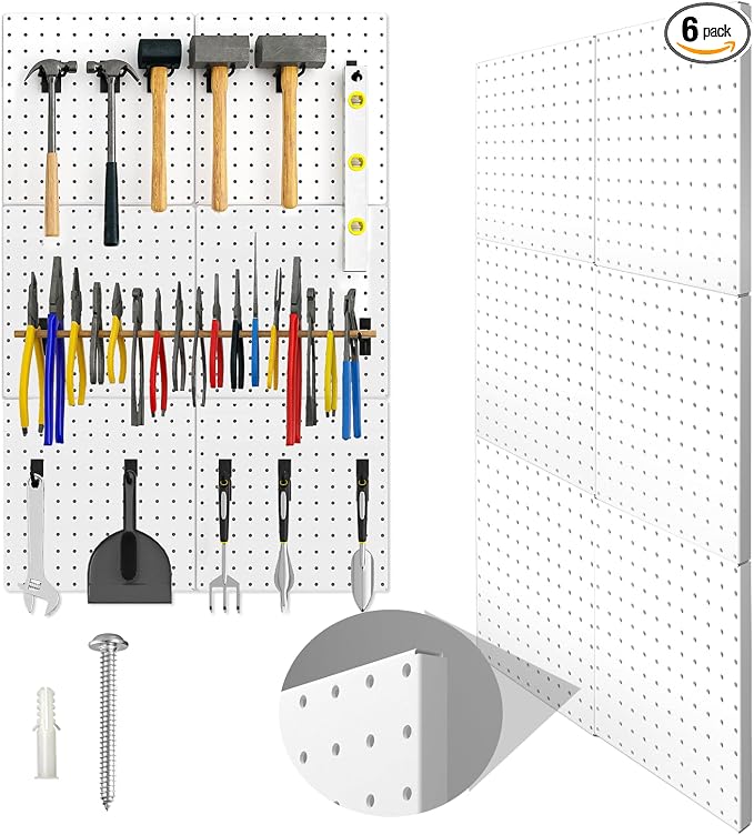 Peg Board, 6 Pack Metal Pegboard Panels White Pegboards Wall Organizer by Hogurity