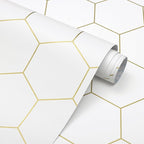 Hexagonal Wallpaper Geometric Peel and Stick Wallpaper 17.3”×197”Gold and White by Fiula