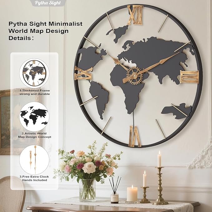 Pytha Sight 30 Inch Large Modern Decorative Metal World Map Wall Clocks Giant - Image 2