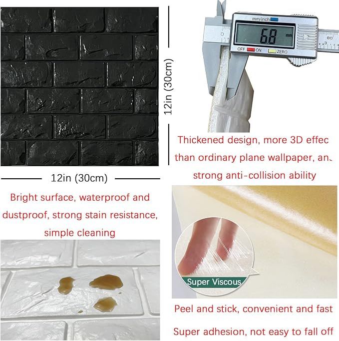 YU LI 3DH 3D Wall Panels Peel and Stick 30PCS Black Foam Brick Wallpaper - Image 5