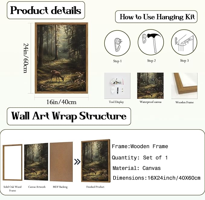 Framed Vintage Forest Deer Canvas Wall Art, Rustic Nature Landscape Paintings - Image 6