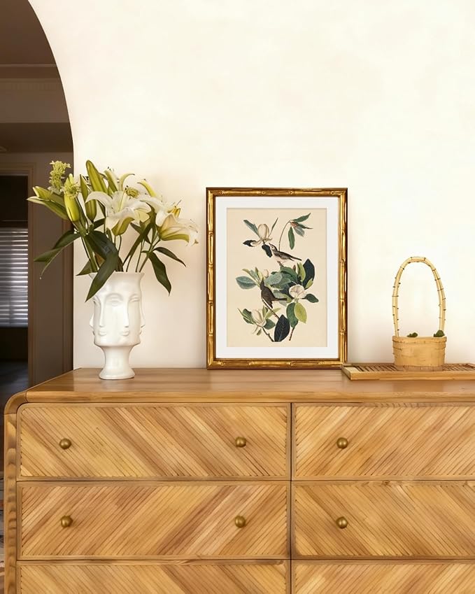 InSimSea Gold Bamboo Framed Canvas Wall Art, Neutral Bird Botanical Paintings - Image 2