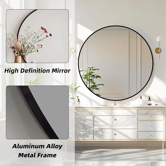 Round Black Mirror, 24 Inch Circle Black Mirror, Metal Frame Round Wall Mounted - Image 2