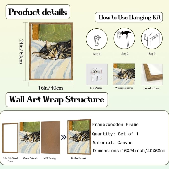 Cute Cat Wall Art, Vintage Tabby Cat Sleeping in Bed Wall Decor Painting - Image 3
