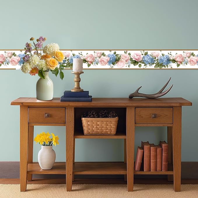 Floral Rose Wallpaper Border 196x4 Inch Peel and Stick Wall Border Pink Blue - Image 6