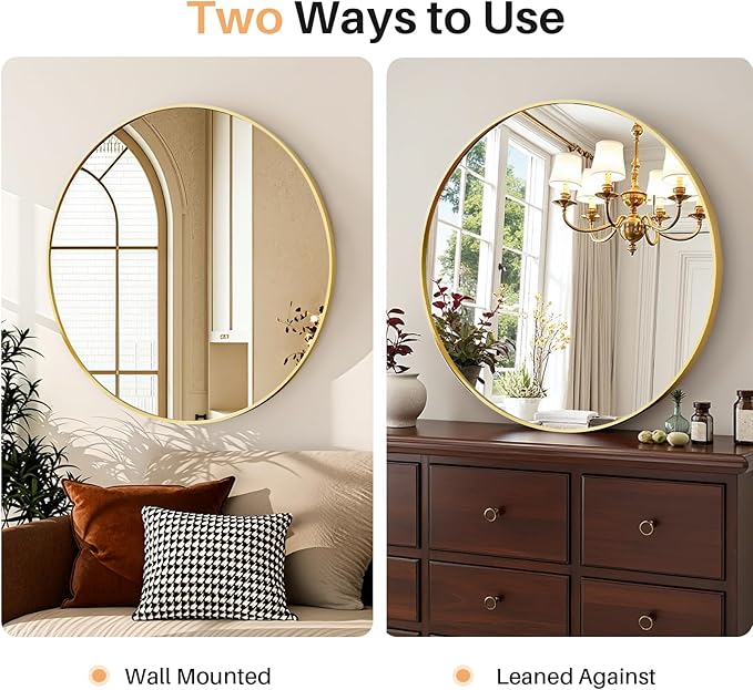 Bathroom Mirror for Wall, 24 Inch Round Mirror, Matte Gold Metal Framed Circle - Image 5
