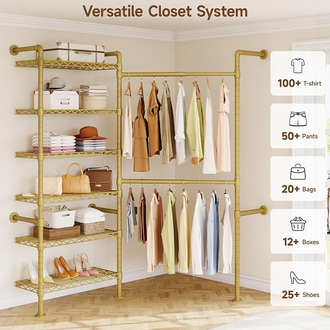 L2 Wall Mounted Closet System, Industrial Pipe Clothing Rack Clothes Racks - Image 3