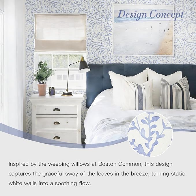 Heroad Peel and Stick Wallpaper Boho Blue Contact Paper Modern Botanical Wall - Image 8