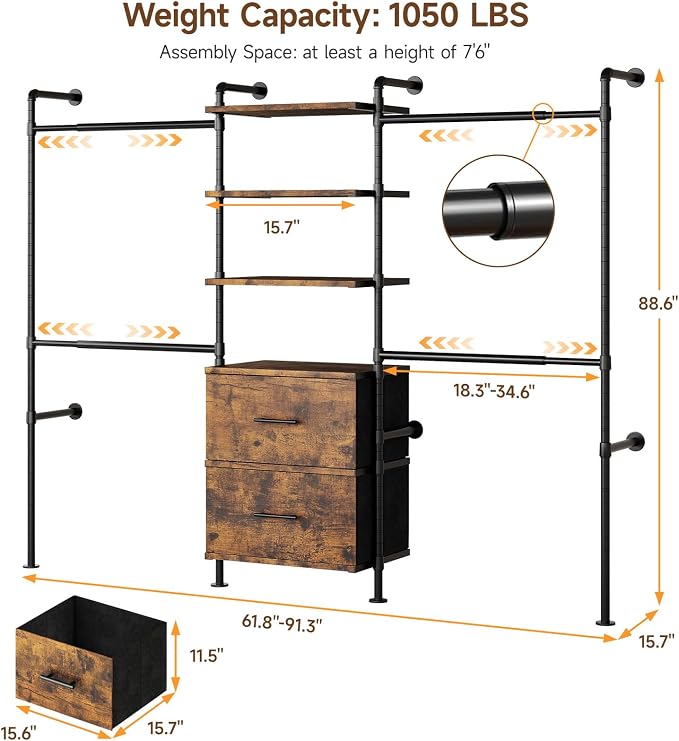 ONBRILL T2 Wall Mounted Industrial Pipe Clothing Rack, Closet Organizers and - Image 2
