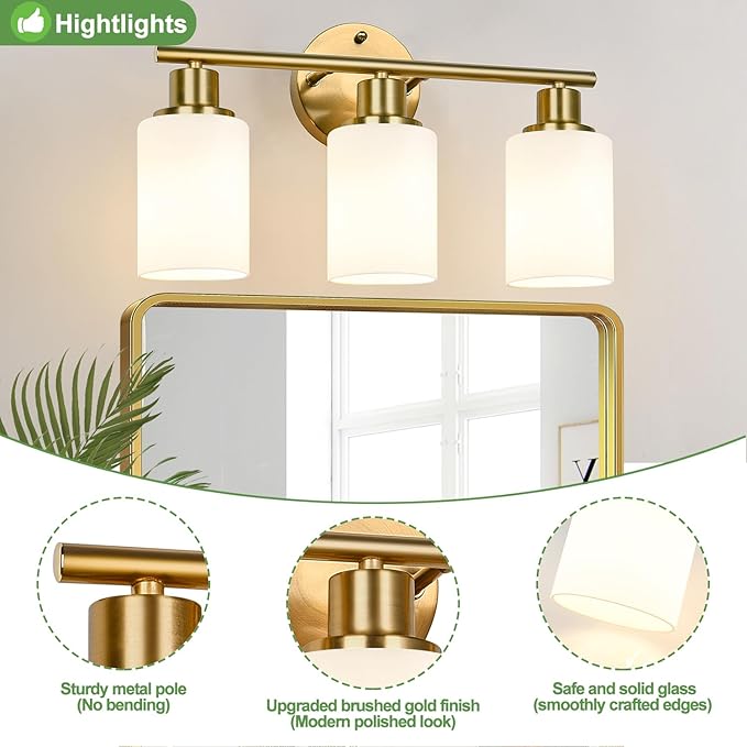 Zarbitta 3-Light Bathroom Light Fixtures, Brushed Gold Vanity Light, Farmhouse - Image 4