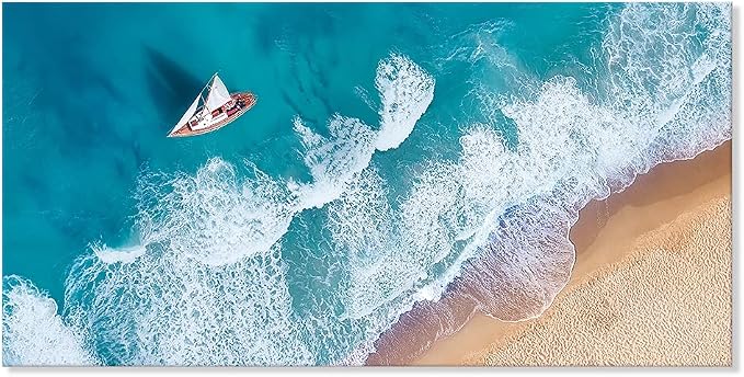 Goldfoilart Blue Ocean Sea Beach Canvas Wall Art Sailboat Painting Print on - Image 5