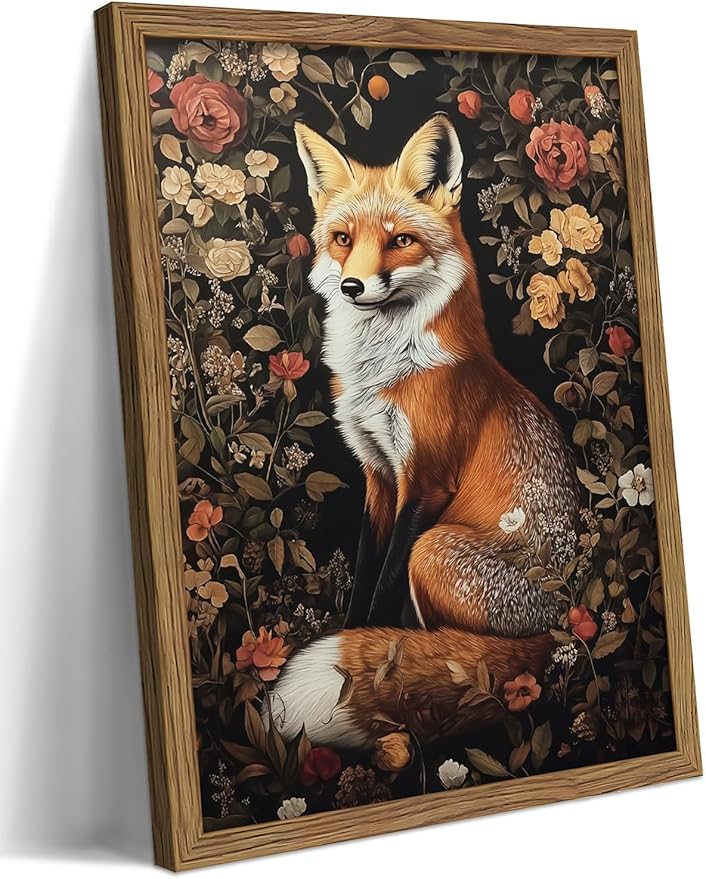 Vintage Fox Canvas Wall Art, Dark Academia Floral Decor, Nature Botanical by Unknown
