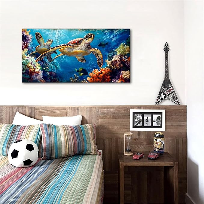 Sea Turtle Wall Art Ocean Bathroom Decor Colorful Fish Coral Landscape Canvas - Image 4