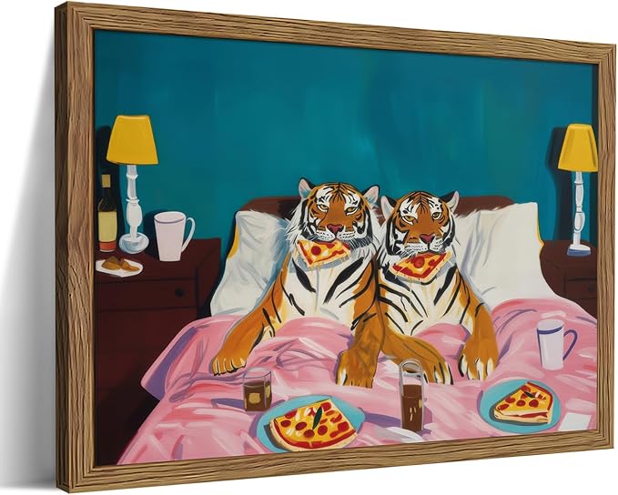 Framed Tiger Pizza Wall Art, Dopamine Wall Decor Canvas Print, Vintage Fun by Unknown