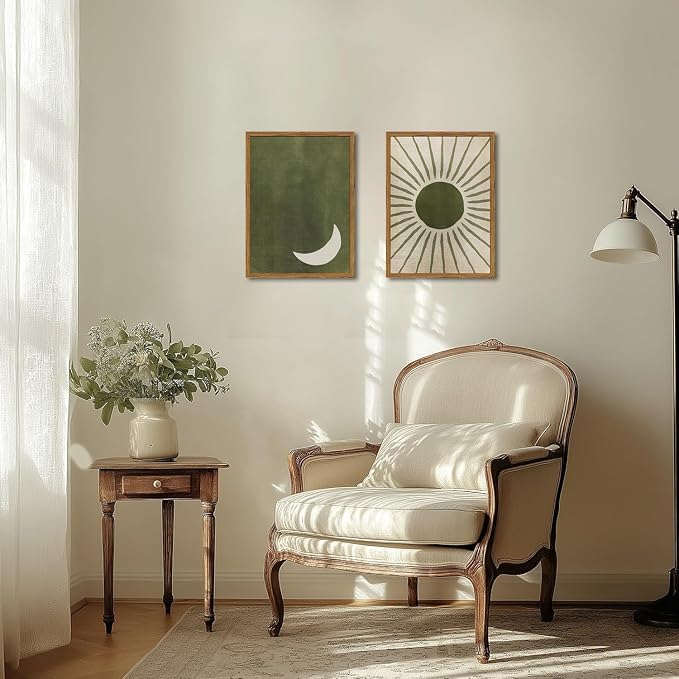 Framed Boho Sun and Moon Canvas Wall Art Set of 2, Vintage Sage Green Bohemian - Image 4