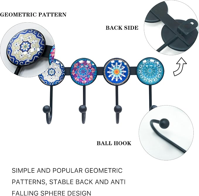 Coat Rack Wall Mounted with 4 Hooks, Round Blue Pattern Decorative Wall Hooks - Image 4