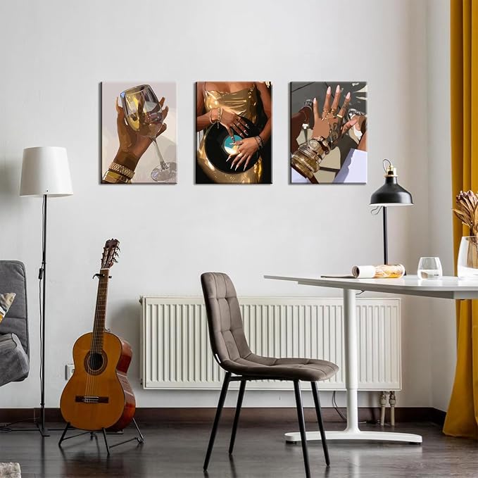 Black Girl wall Art Set of 3, African American Woman Wall Decor Fashion Gold - Image 5