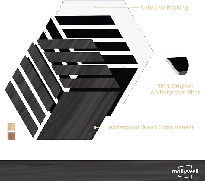 Mollywell Acoustic Panels, PVC Wood-Grain, 14x12 Inch Hexagon Carved Sound - Image 3
