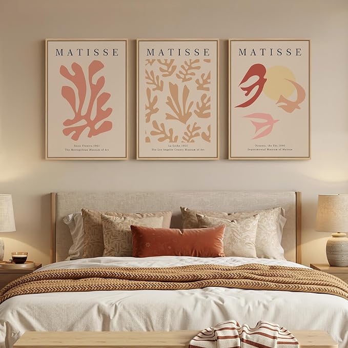 Framed Large Matisse Abstract Wall Art Set of 3, Vintage Neutral Pink Floral - Image 3