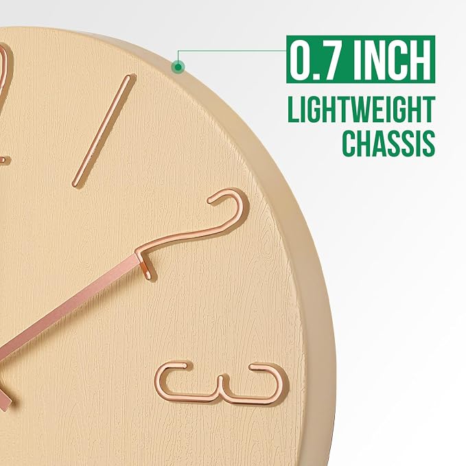 Wall Clock 12 Inch Silent Non-Ticking Imitation Wood Indoor Clock Round Beige - Image 4